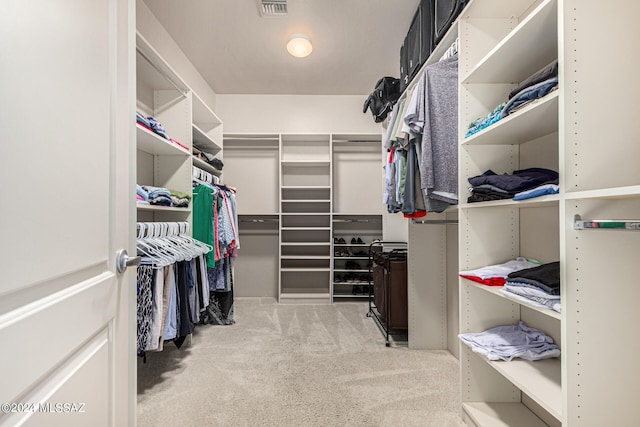 walk in closet with light colored carpet