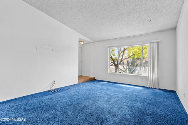 carpeted spare room featuring a textured ceiling and lofted ceiling