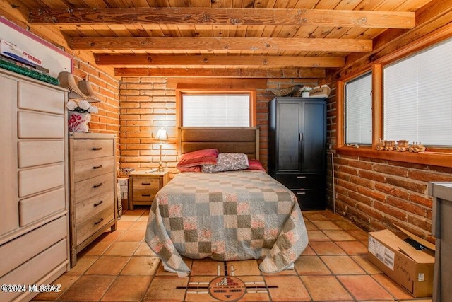 bedroom with light tile patterned flooring, wood ceiling, and beamed ceiling