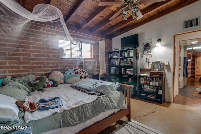 bedroom with beamed ceiling, brick wall, ceiling fan, and wood ceiling