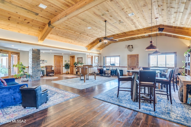 dining area with plenty of natural light, beam ceiling, wood-type flooring, and wood ceiling