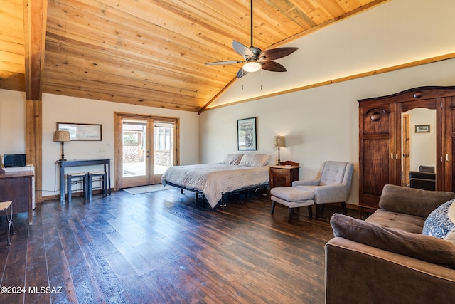 bedroom featuring access to exterior, dark hardwood / wood-style floors, ceiling fan, and wood ceiling