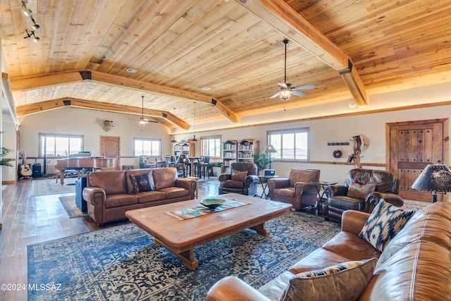 living room with wood-type flooring, ceiling fan, and wood ceiling