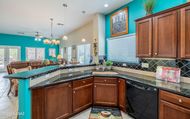 kitchen with sink, black dishwasher, kitchen peninsula, lofted ceiling, and decorative light fixtures