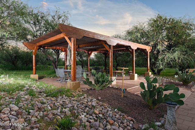 view of community featuring a pergola and a patio