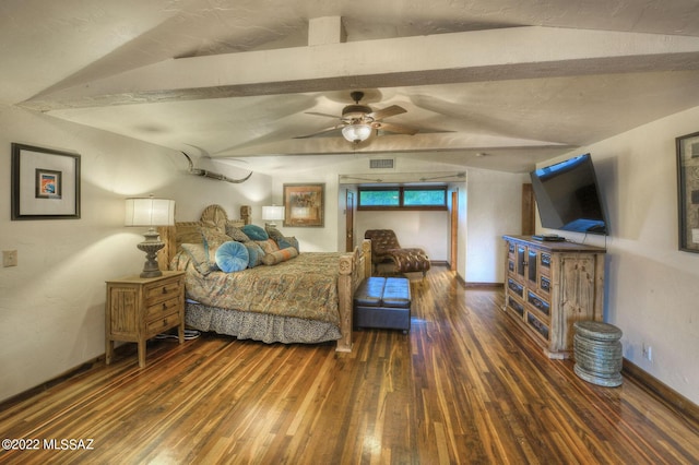 bedroom with dark hardwood / wood-style flooring, vaulted ceiling with beams, and ceiling fan