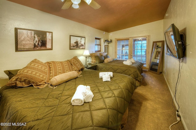 bedroom featuring carpet flooring, ceiling fan, and vaulted ceiling