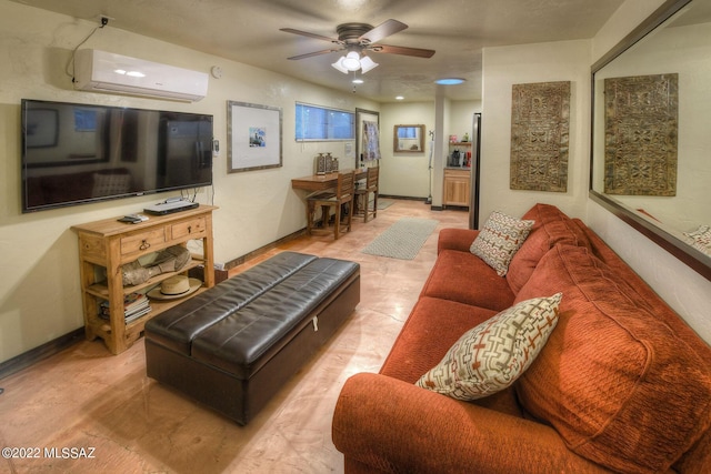 living room featuring a wall unit AC and ceiling fan