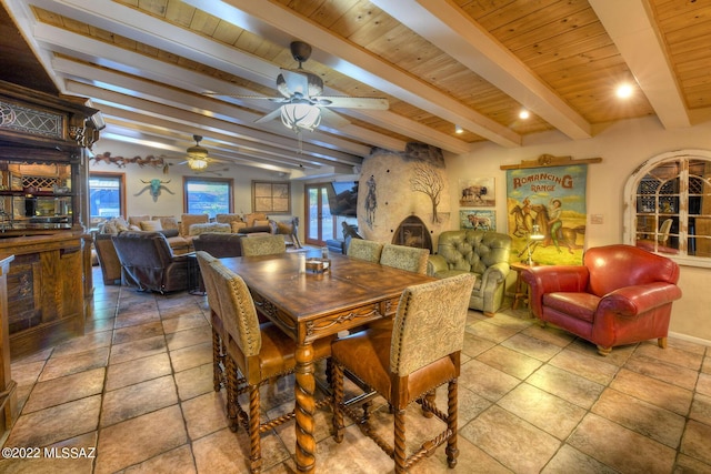 dining area with beamed ceiling and wood ceiling