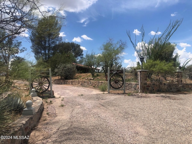 view of street featuring driveway and a gate