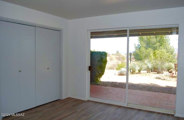 unfurnished bedroom with a closet, multiple windows, and dark wood-type flooring