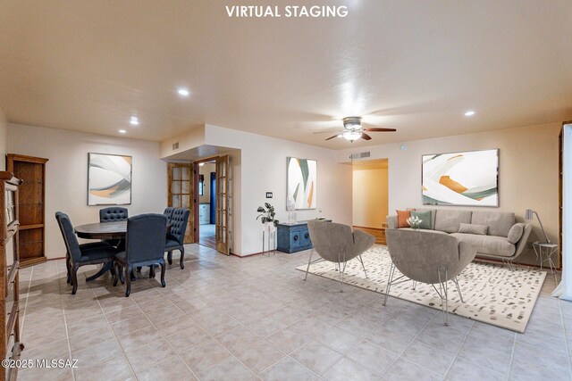 living room featuring a ceiling fan, recessed lighting, and visible vents