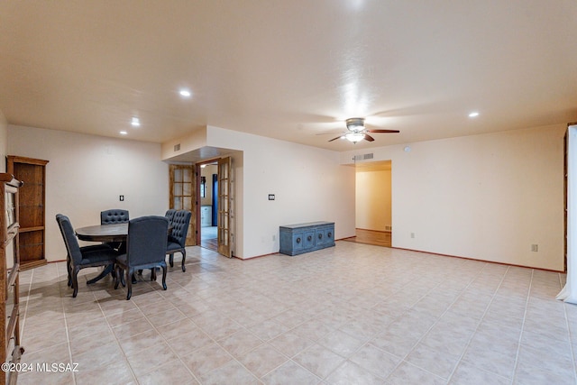 dining room featuring a ceiling fan, recessed lighting, visible vents, and baseboards