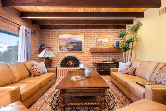 living room with wooden ceiling, a fireplace, and beam ceiling