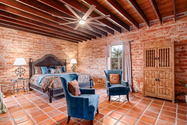 unfurnished bedroom with brick wall, wooden ceiling, and tile patterned floors