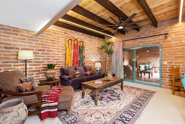 living room featuring brick wall, beamed ceiling, ceiling fan, and wooden ceiling