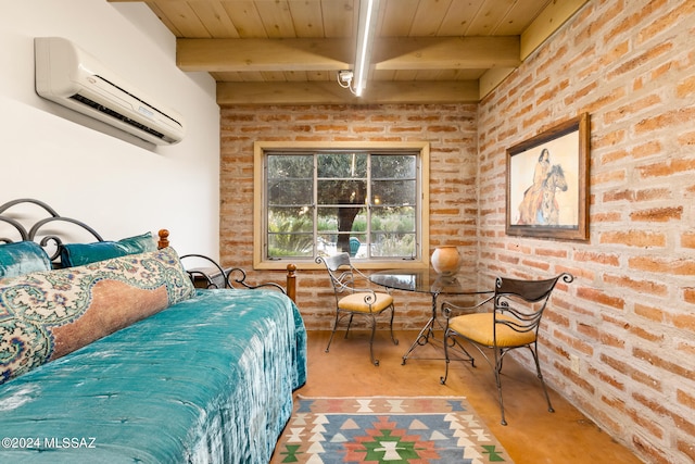 bedroom with wooden ceiling, an AC wall unit, beamed ceiling, and brick wall