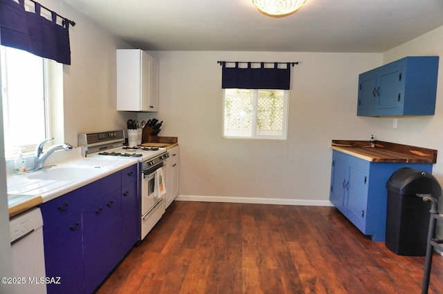 kitchen featuring white appliances, blue cabinetry, and a sink