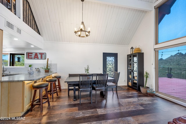 dining room with wood ceiling, high vaulted ceiling, beam ceiling, dark hardwood / wood-style flooring, and ceiling fan with notable chandelier