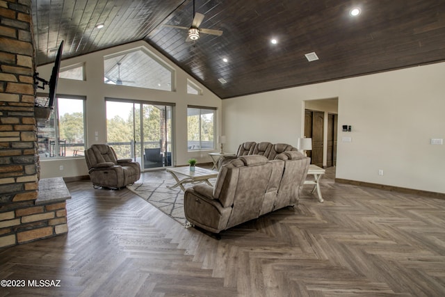 living room featuring high vaulted ceiling, ceiling fan, parquet floors, and wood ceiling