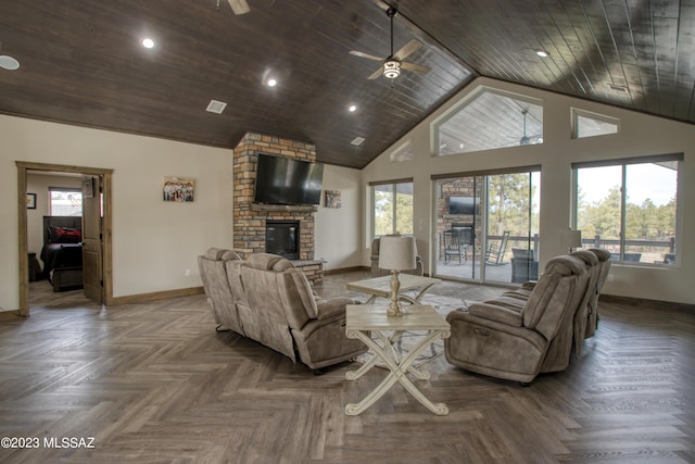 living room with ceiling fan, parquet floors, wooden ceiling, high vaulted ceiling, and a fireplace