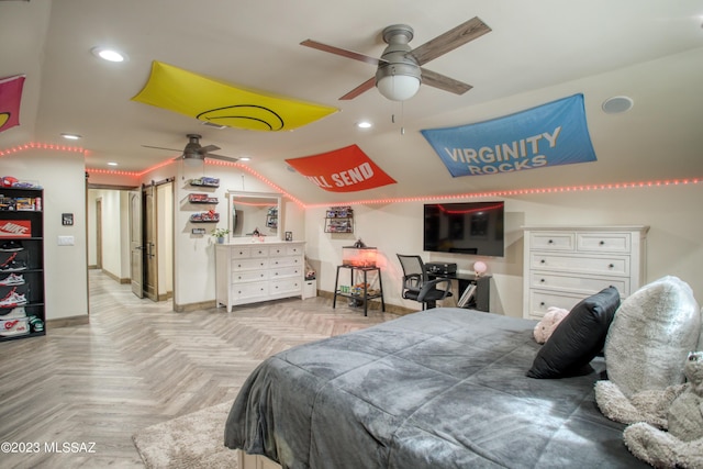 bedroom featuring light parquet flooring and ceiling fan