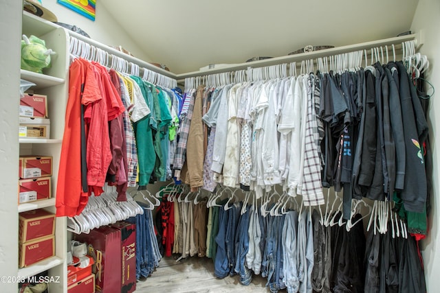 walk in closet featuring hardwood / wood-style flooring and vaulted ceiling