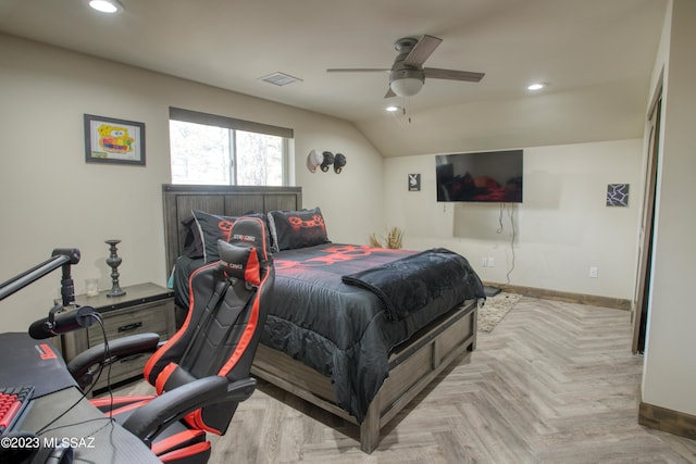 bedroom featuring ceiling fan and light parquet flooring