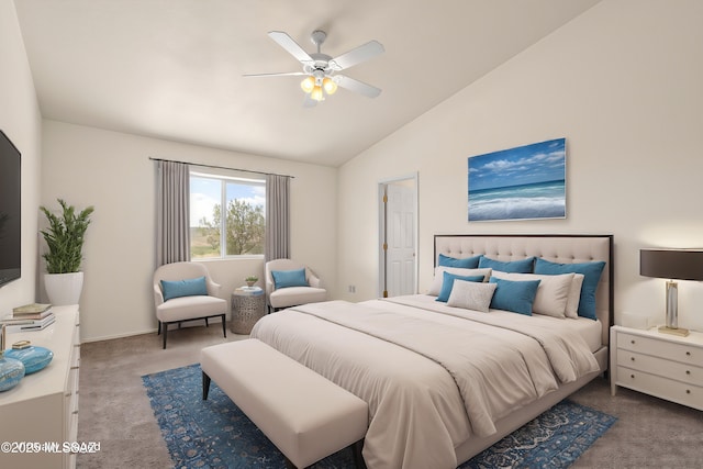 bedroom featuring a ceiling fan, lofted ceiling, and carpet