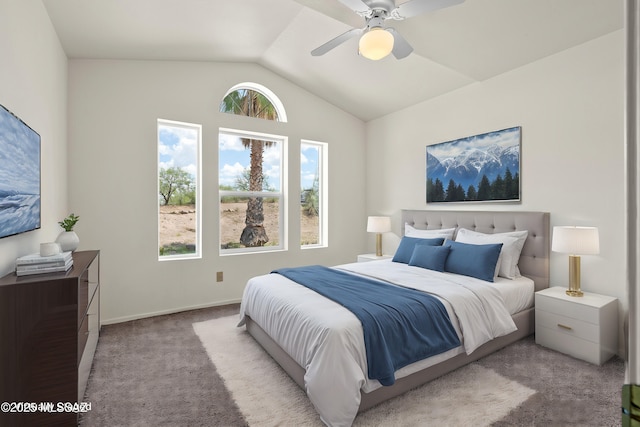 carpeted bedroom featuring ceiling fan, baseboards, and lofted ceiling