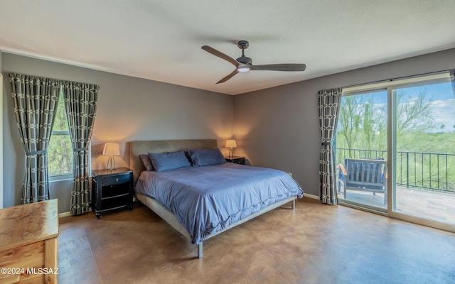 bedroom featuring ceiling fan and access to exterior