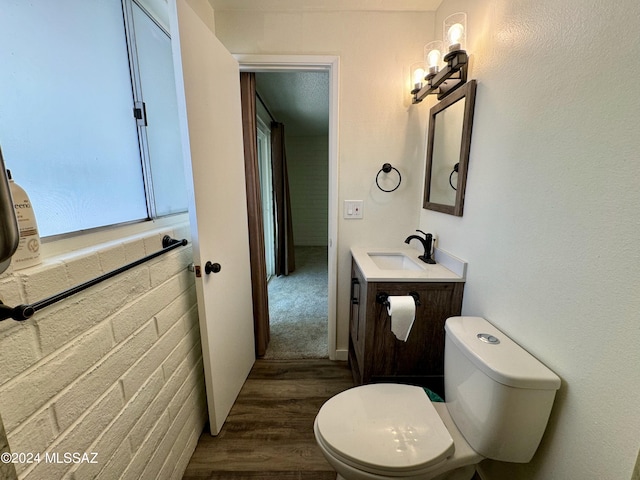 bathroom with vanity, toilet, and wood-type flooring