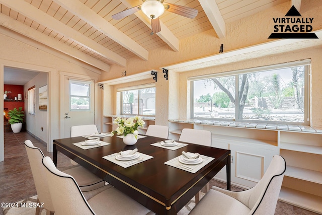 dining area featuring wooden ceiling, ceiling fan, and lofted ceiling with beams