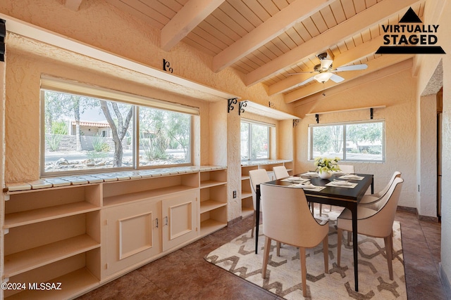 dining room with vaulted ceiling with beams, wood ceiling, and a textured wall