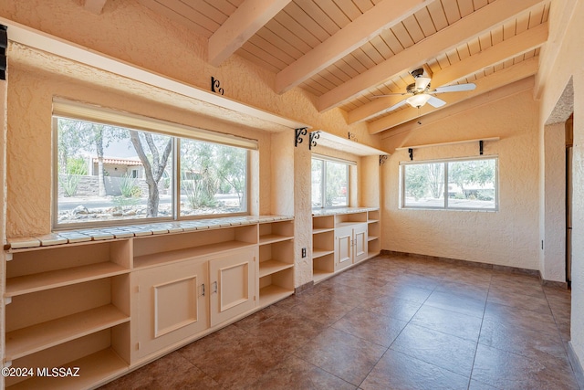 empty room with wood ceiling, a textured wall, lofted ceiling with beams, and ceiling fan