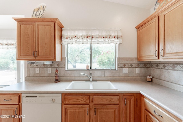 kitchen featuring white dishwasher, tasteful backsplash, and sink