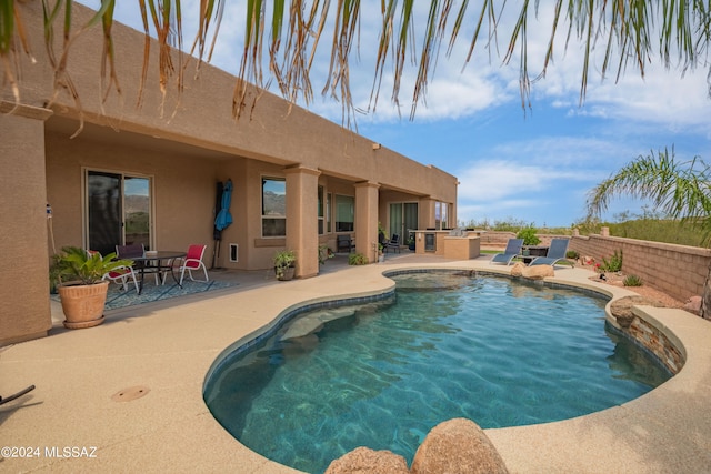 view of pool featuring area for grilling and a patio