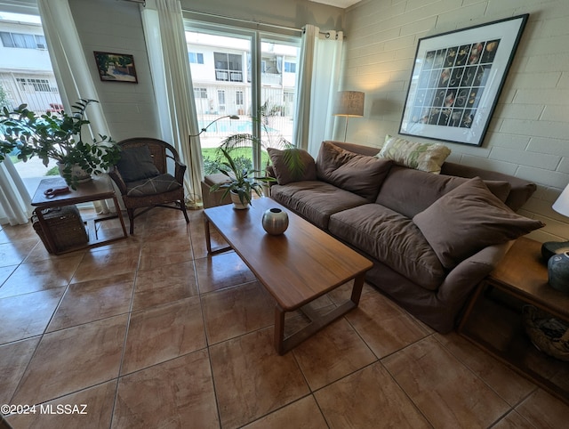 living area featuring tile patterned flooring