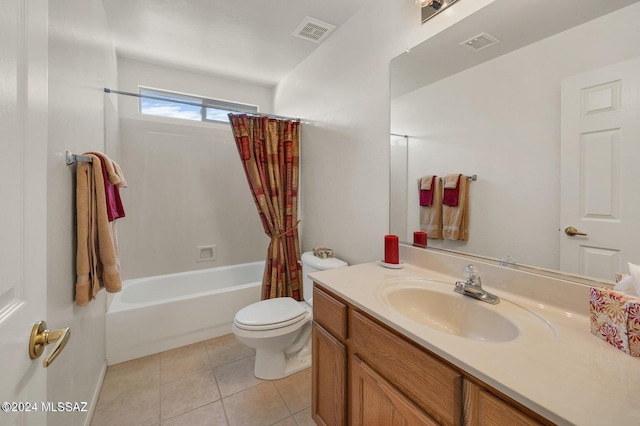 full bathroom featuring toilet, shower / bath combo, vanity, and tile patterned floors