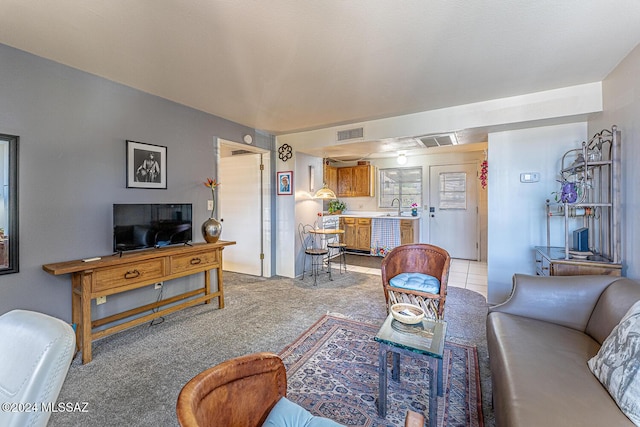 carpeted living room with sink