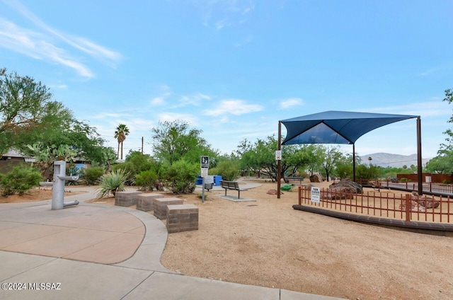 view of play area with a mountain view