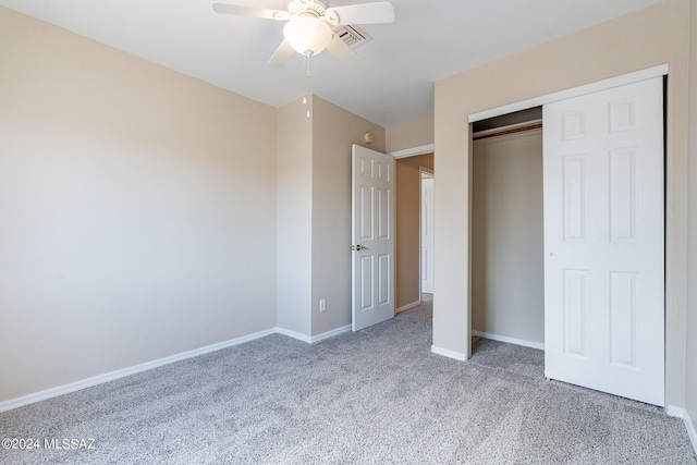 unfurnished bedroom with visible vents, ceiling fan, baseboards, carpet flooring, and a closet