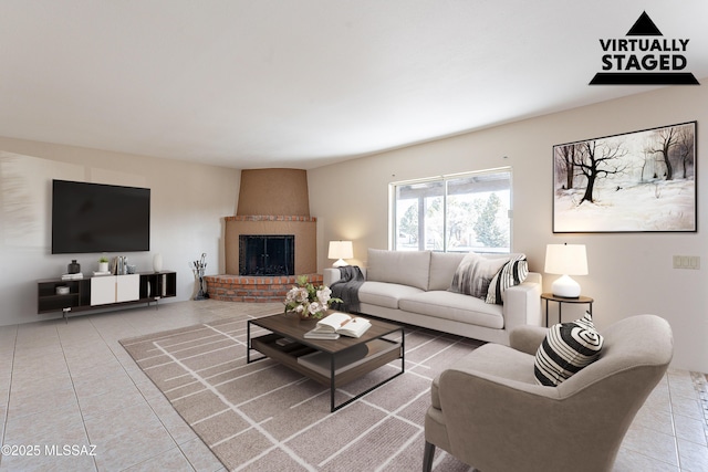 living room with tile patterned floors and a fireplace