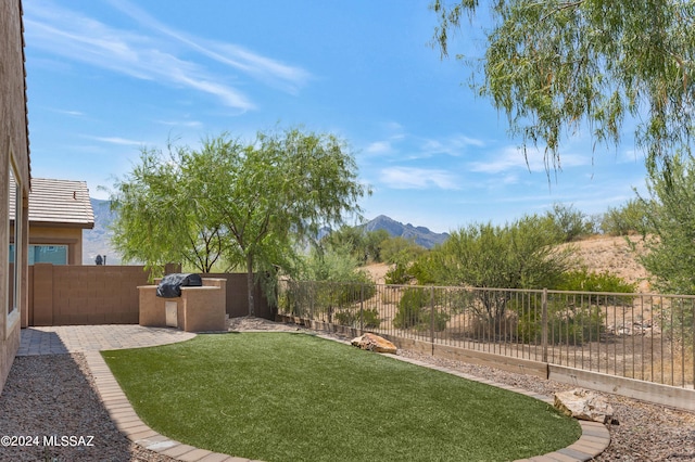 view of yard featuring a mountain view and a patio