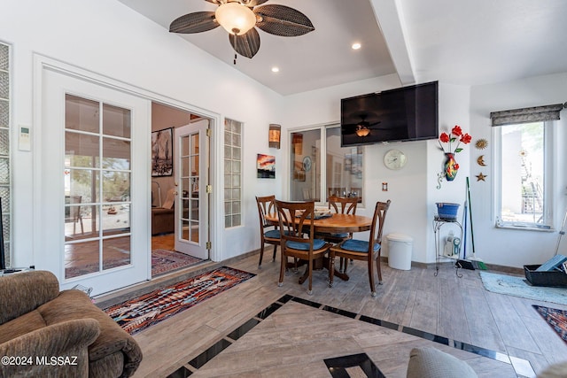 dining room with a ceiling fan, recessed lighting, french doors, and wood finished floors