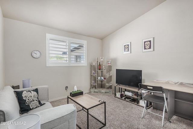 living room with light colored carpet and vaulted ceiling