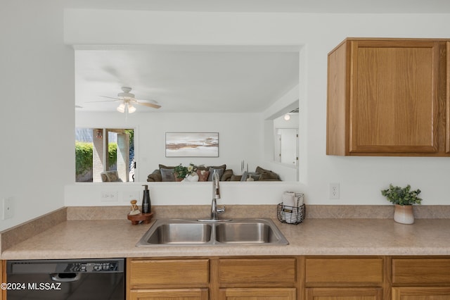 kitchen featuring ceiling fan, dishwasher, and sink