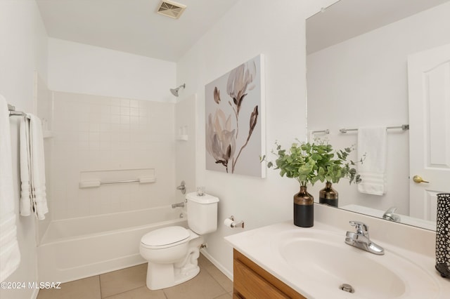 full bathroom with bathtub / shower combination, vanity, toilet, and tile patterned flooring