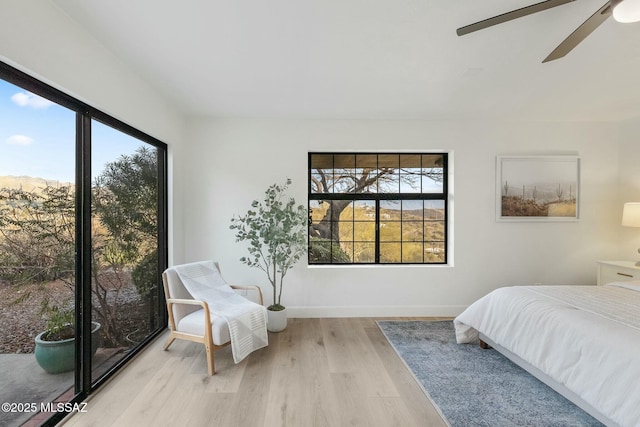 bedroom with light hardwood / wood-style floors and ceiling fan