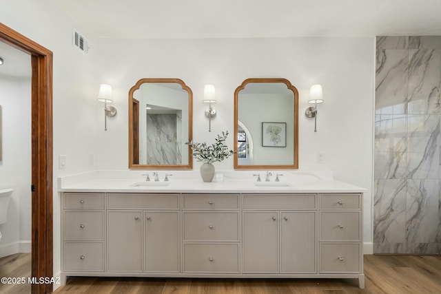 bathroom with vanity, wood-type flooring, and toilet